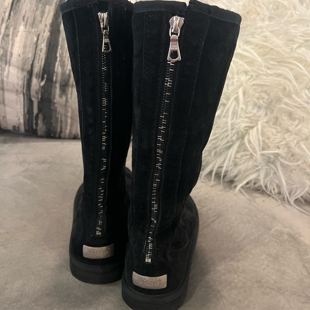 UGG black zipper Leather Sheepskin Boots Womens US 9 F3009G Used